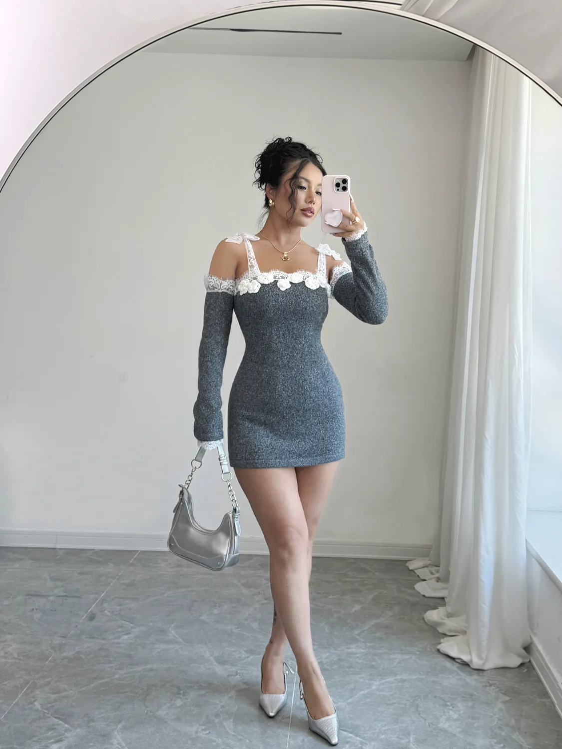 Solid Color Lace Dress with Long Sleeve and Off Shoulder Neckline, Streetwear Style for Street Occasion