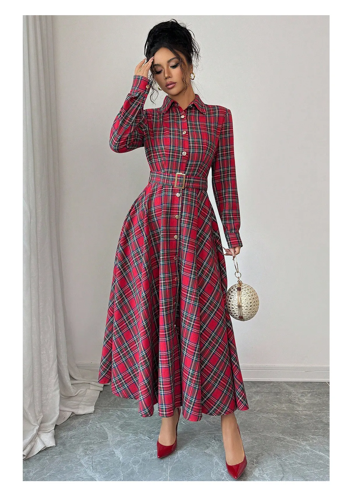 Vintage Style Plaid Long Sleeve V Neck Casual Regular Dress in Polyester Fabric