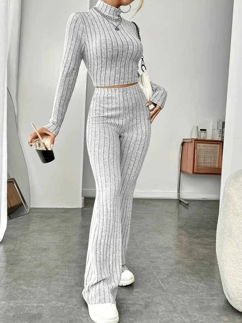 Women’s Stripe Pant Co-ord Set in Polyester with Turtleneck, Streetwear Style for Daily Wear, 2 Pieces Set