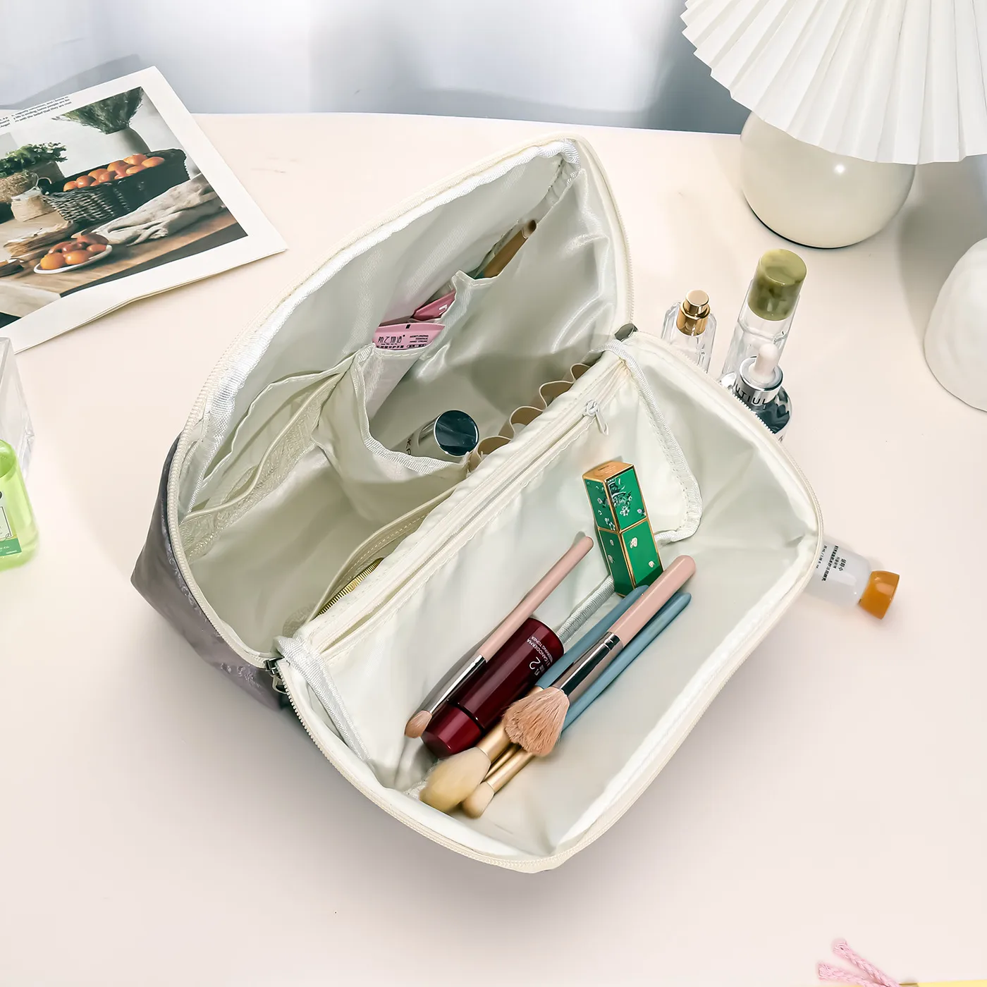 Solid Color PU Leather Cosmetic Bag for Women with Top Handle, Waterproof Design