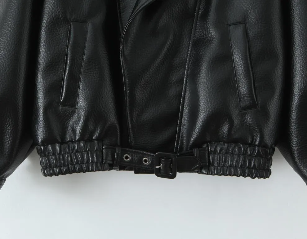 Streetwear Women's PU Leather Jacket with Zipper Placket Lapel Collar Long Sleeve