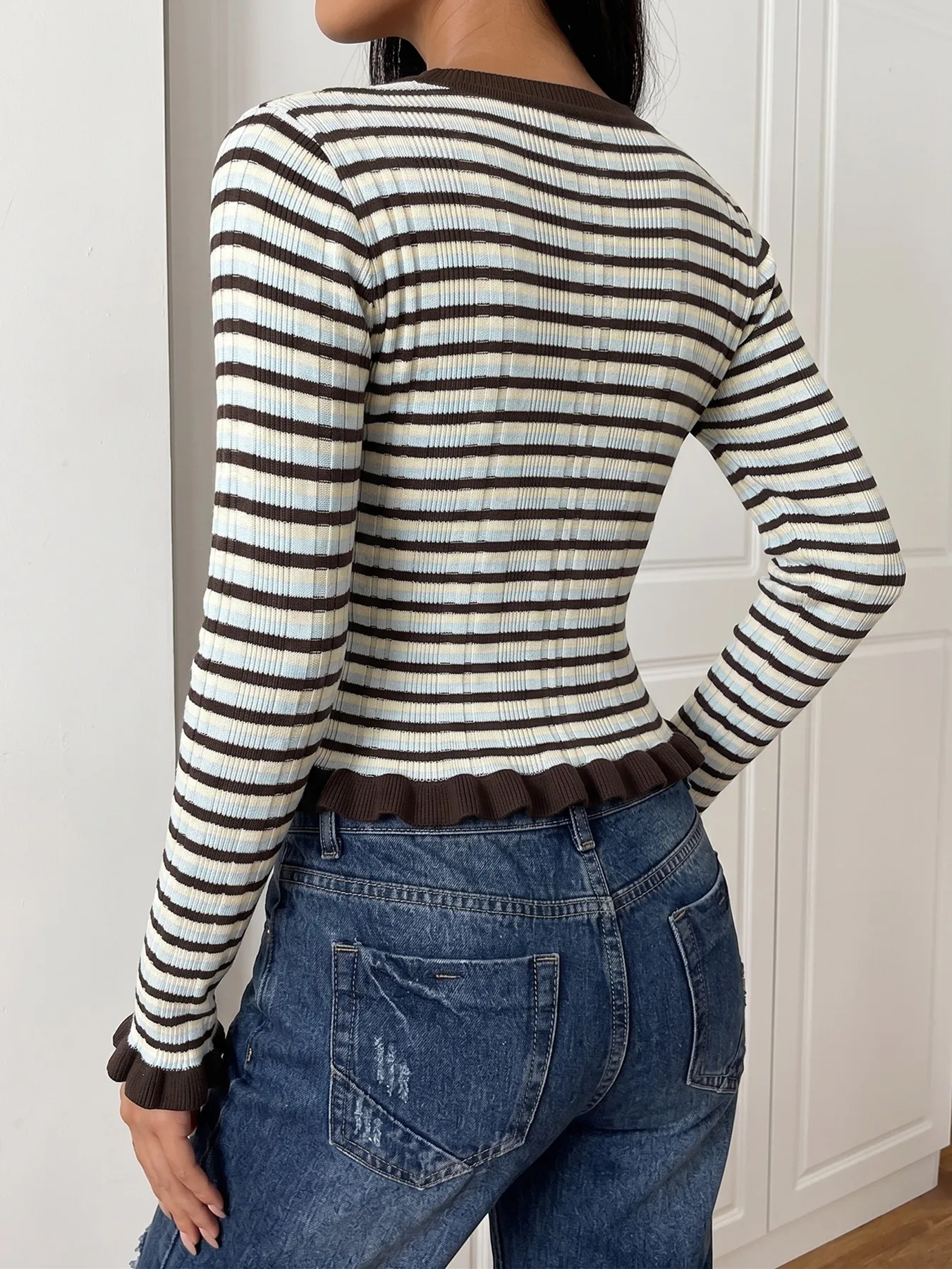 Casual Stripe Sweater with Long Sleeves, Knitted Cotton Pullover