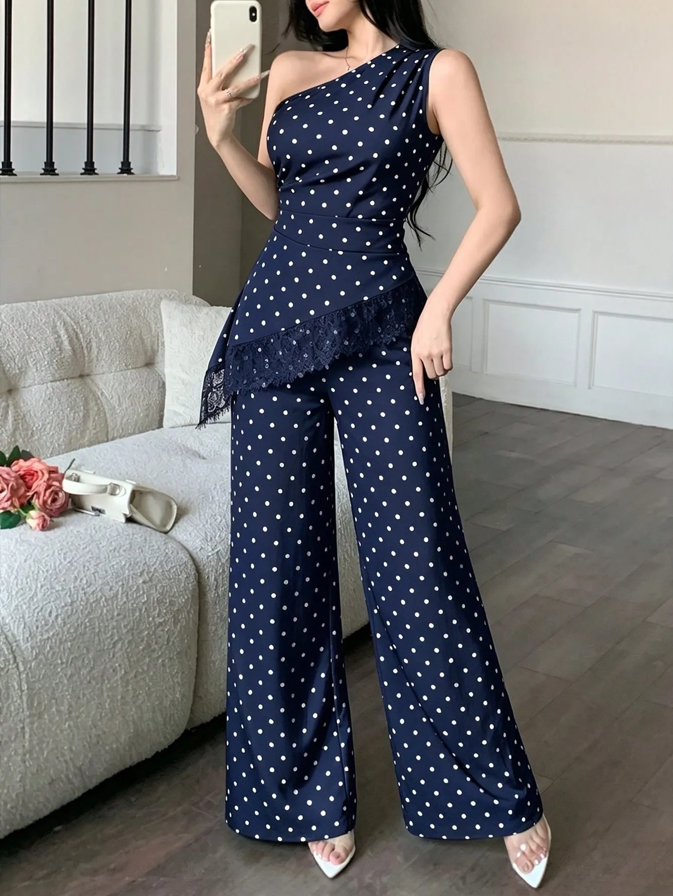 Elegant Polka Dots Pant Co-ord Set with Wide Leg Pants in Polyester featuring Lace Craftsmanship for Casual Wear