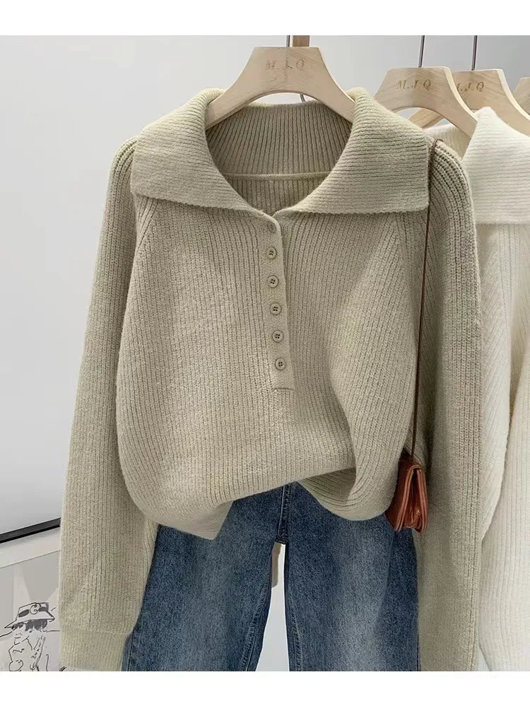 Loose Solid Color Long Sleeve Polyester Women's Pullover Sweater with Button Detail