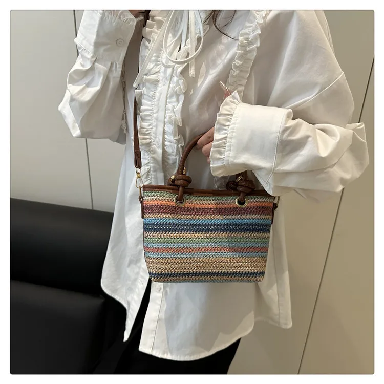 Small Straw Bucket Bag with Zipper and Braid Detail