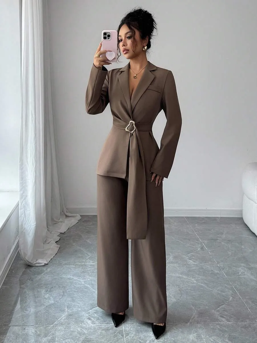 Elegant Wide Leg Pants Co-ord Set in Solid Color Polyester Featuring Patchwork, Casual 2 Pieces Set
