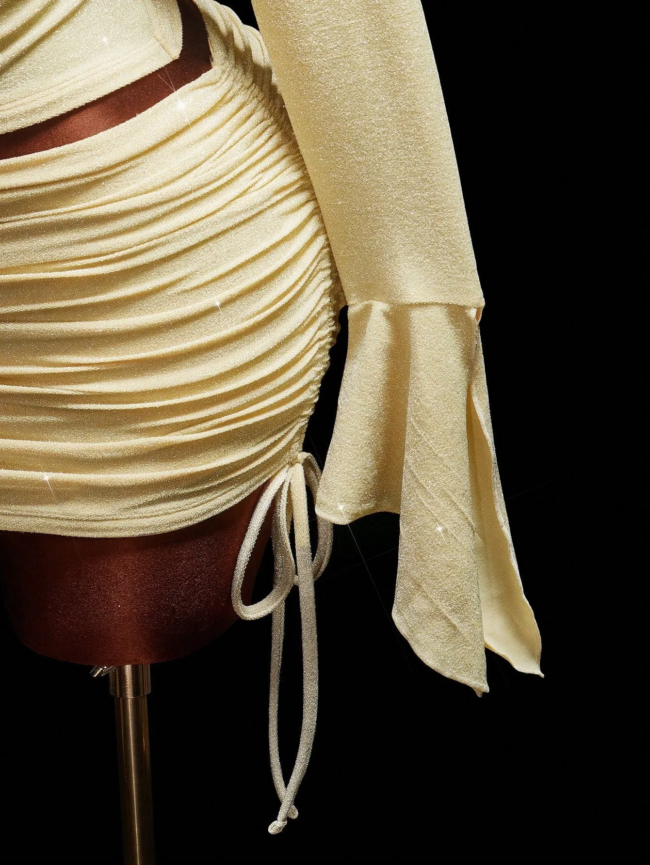 Solid Color Skirt Co-ord Set with Patchwork Craft, Trumpet Sleeve, Polyester Fabric for Holiday Vacation, 3 Pieces Set