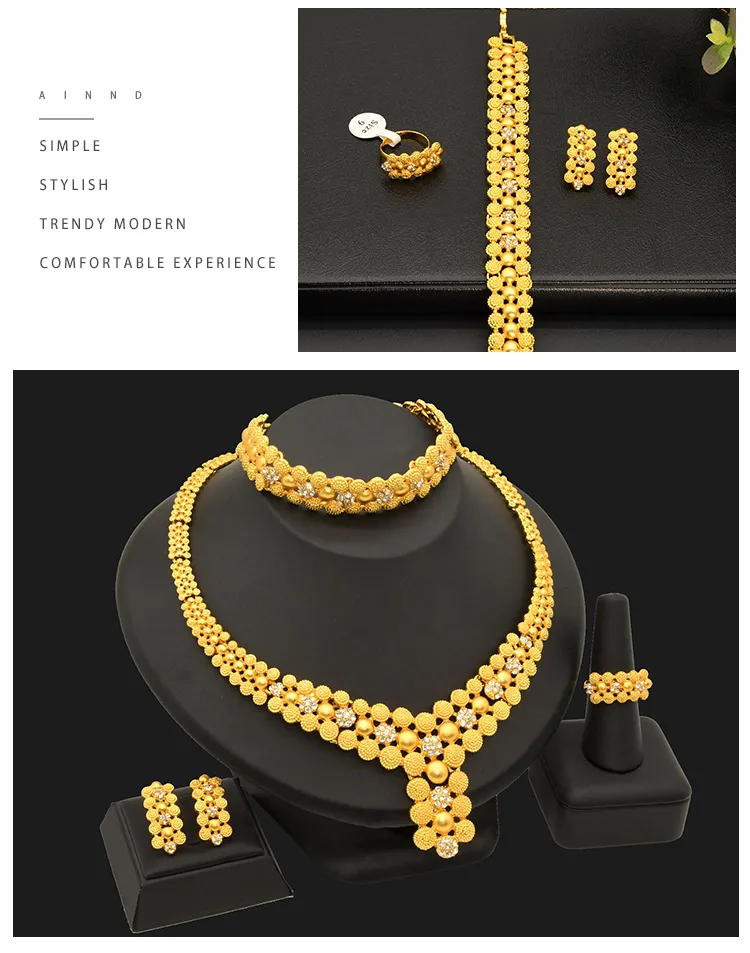 Retro Women’s Jewelry Set Featuring Flowers Pattern with 24K Real Gold Electroplated Alloy and Ball Chain