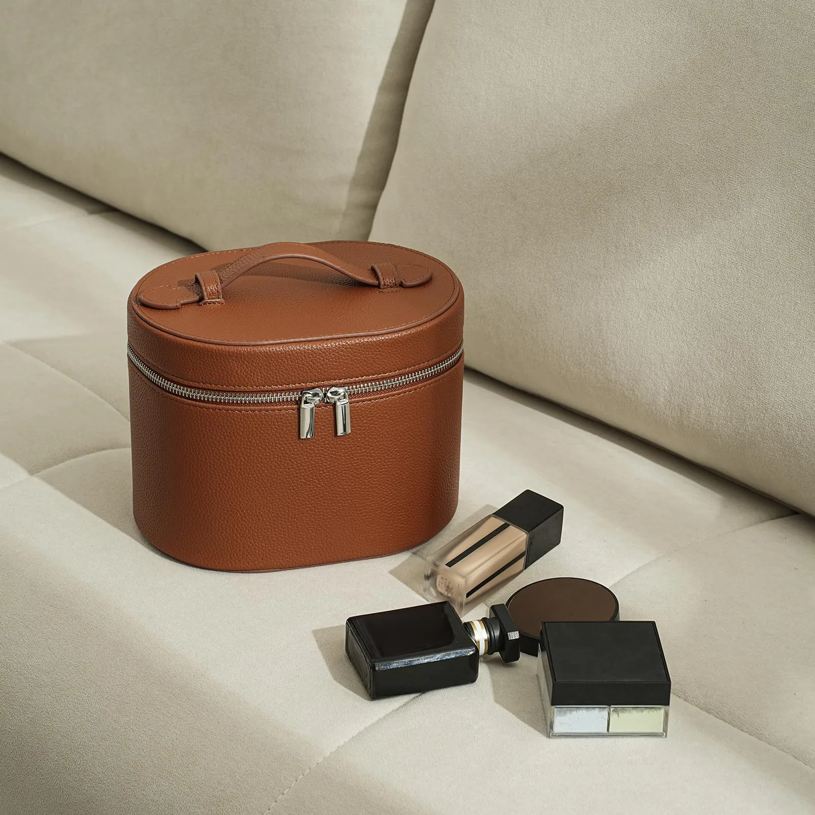 Solid Color PU Leather Cosmetic Bag for Women with Top Handle, Waterproof Design