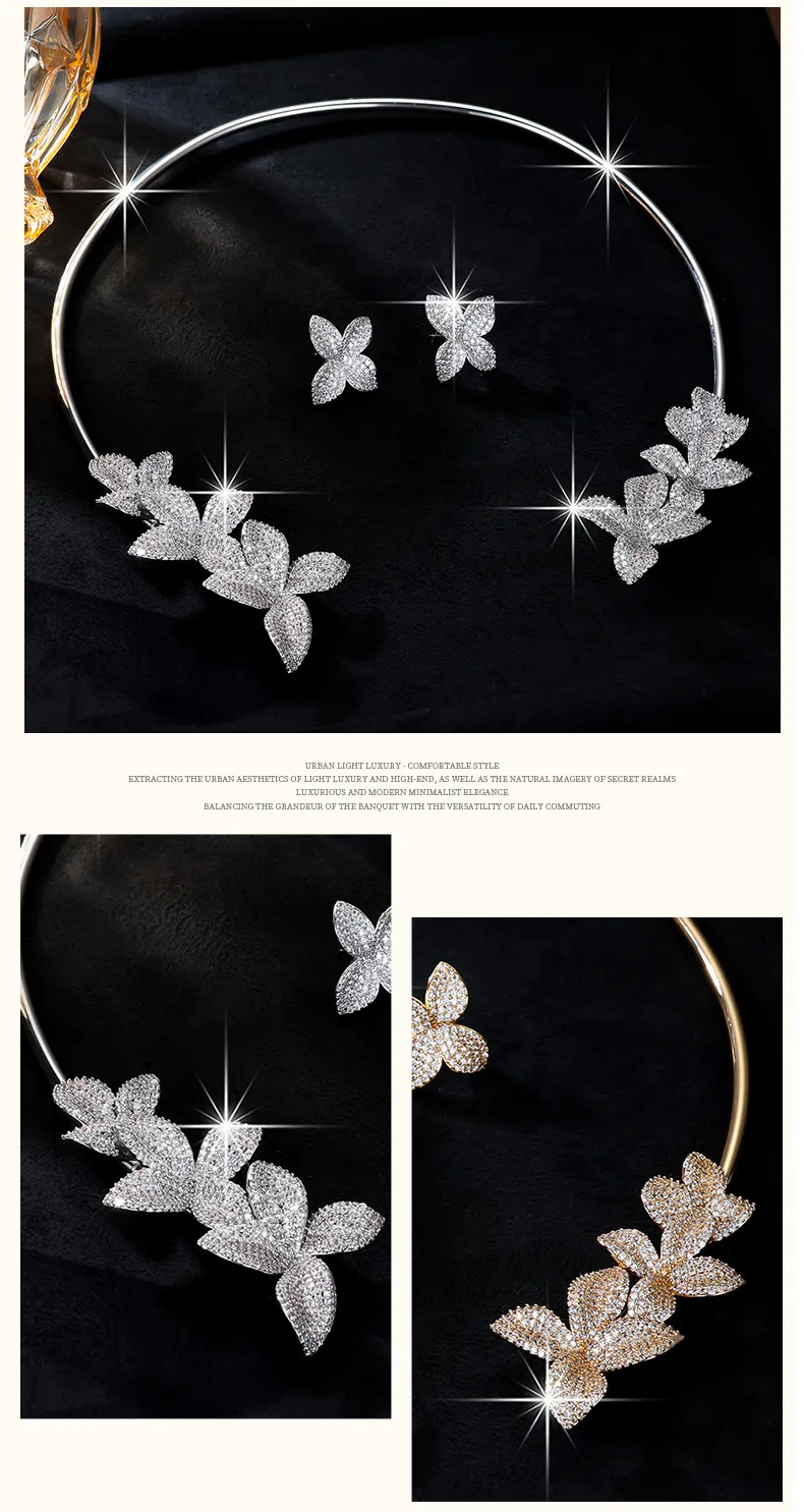 Women’s Flowers Jewelry Set in Electroplated Copper with Zircon Inlay, Elegant Design Featuring Floral Motifs