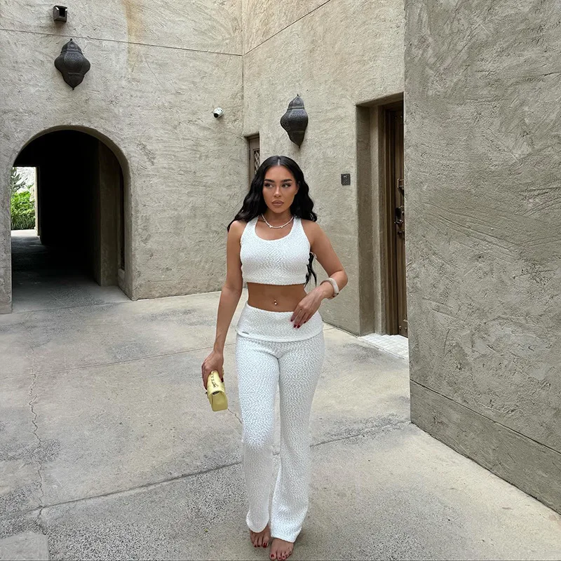 Women’s Solid Color Pant Co-ord Set in Elastane with U Neck, Perfect for Holiday Vacation, 2 Pieces Set