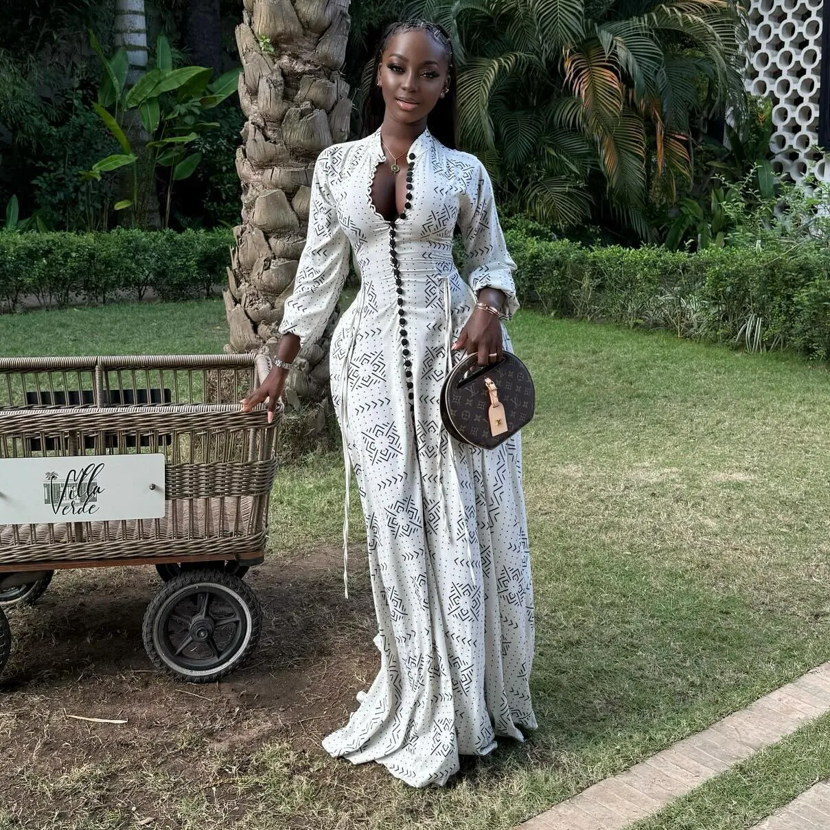 Elegant Geometric Maxi Long Dress with Long Sleeve and Standing Collar in Polyester Fabric