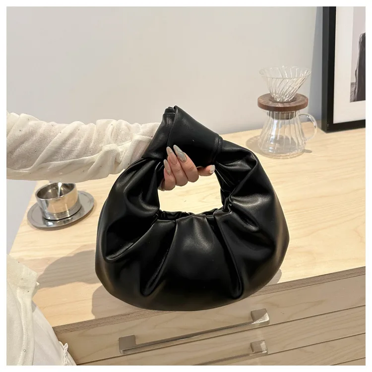 Medium Round PU Handbag with Zipper and Ruched Design for Women