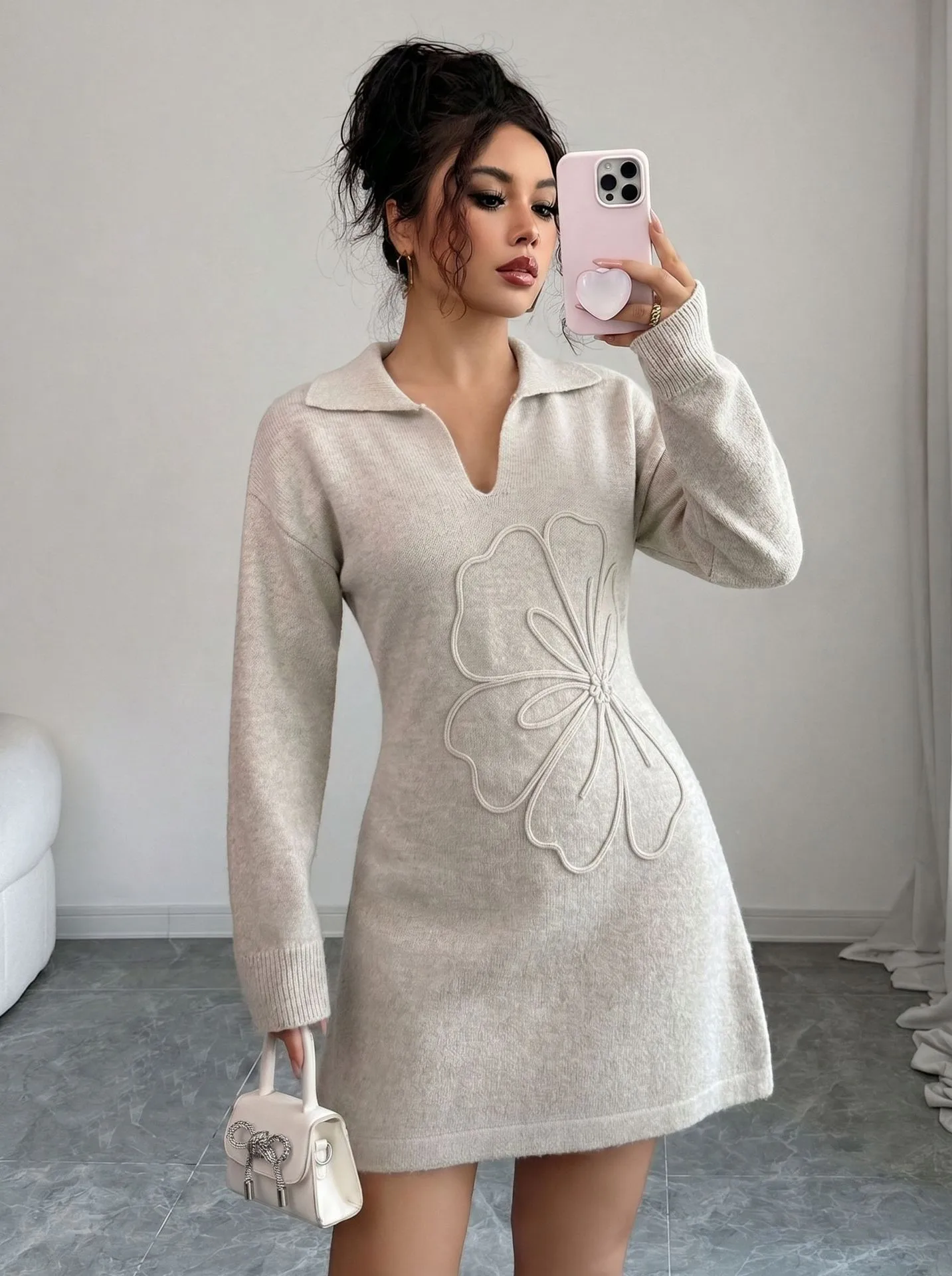 Casual Flowers Sheath Dress with Long Sleeve and Shirt Collar in Knit Fabric for Business