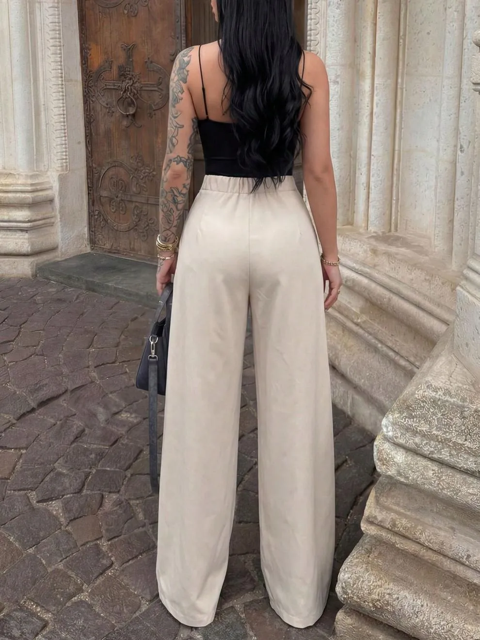 Casual Wide Leg Full Length Pants with Draped Design in Polyester Fabric for Everyday Comfort