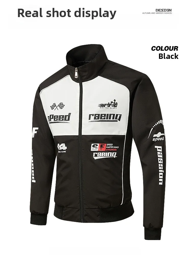 Men's Printed Polyester Jacket with Zipper Placket in Dyed Black Outerwear