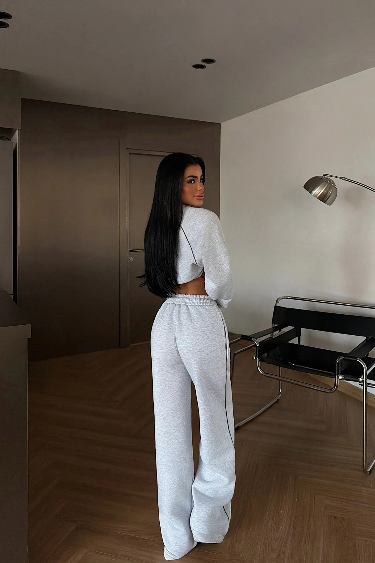 Casual Sweatshirt & Hoodie Co-ord Set with Patchwork, Polyester Sweatpants Featuring Lines Pattern in 2 Pieces Set with Round Neck