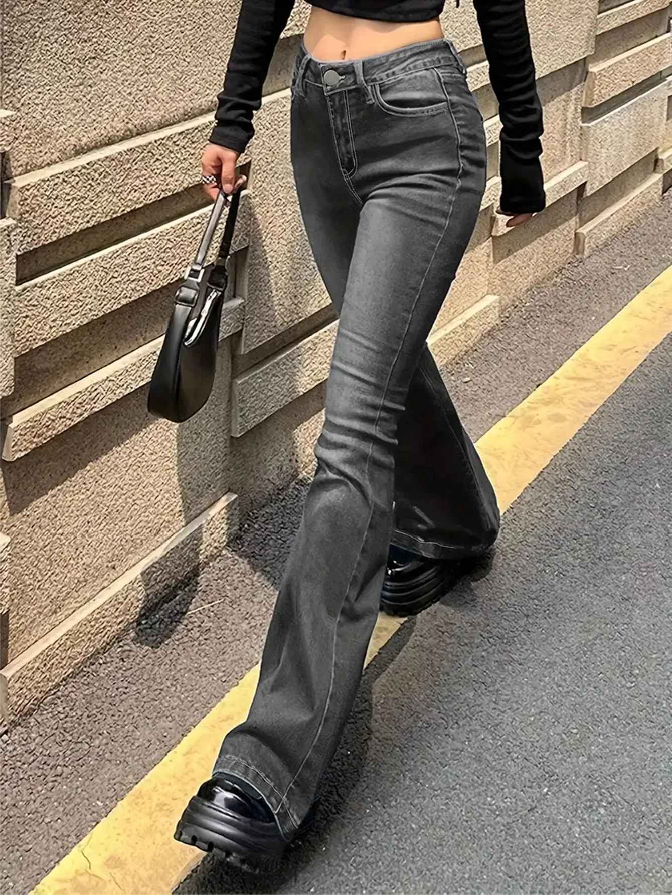 Solid Color Full Length Jeans for Women in Simple Style, Made with Washed Denim Cotton Featuring Stretchy Fabric