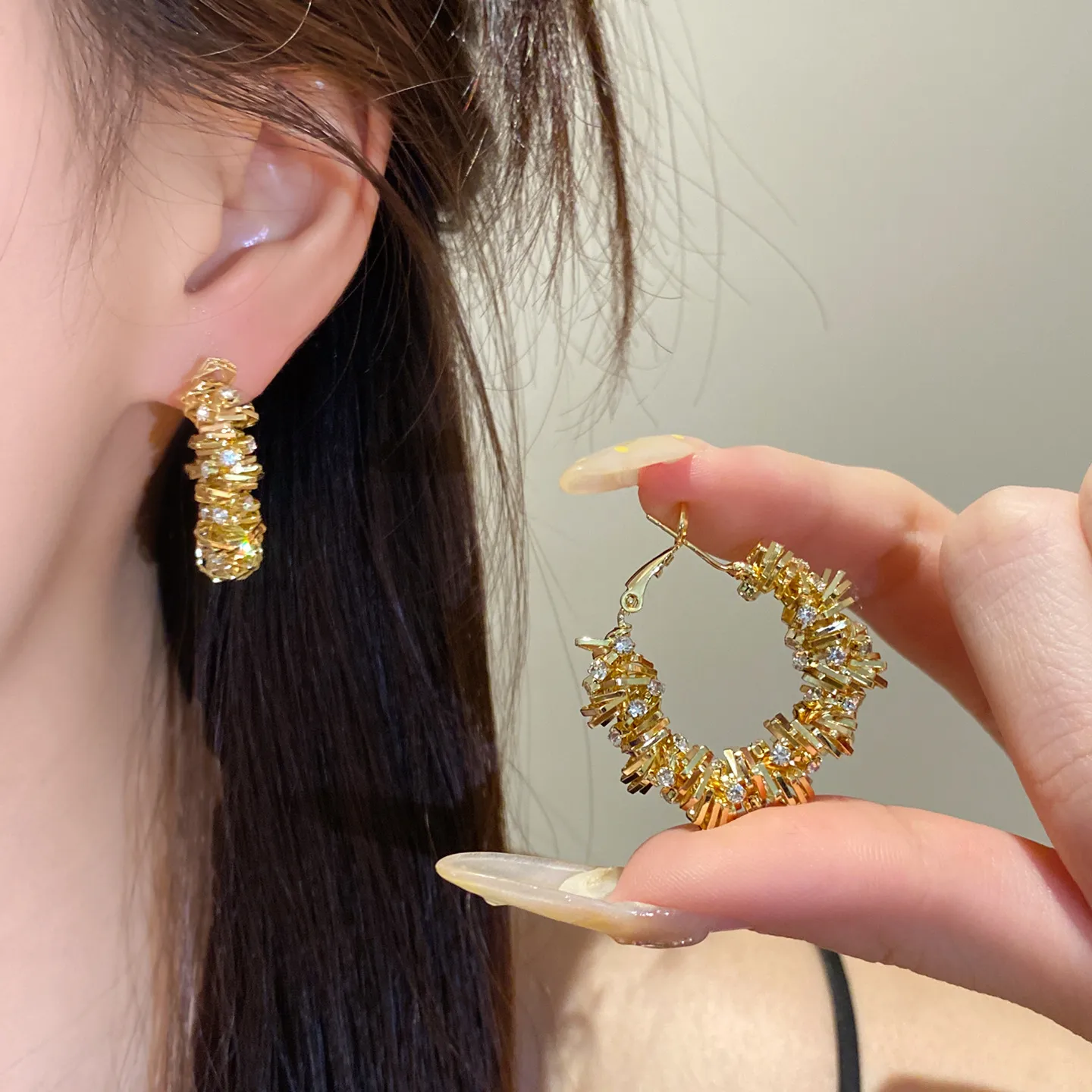 Round Gold Copper Earrings For Women Featuring Zircon Inlay and 304 Stainless Steel Stud Posts