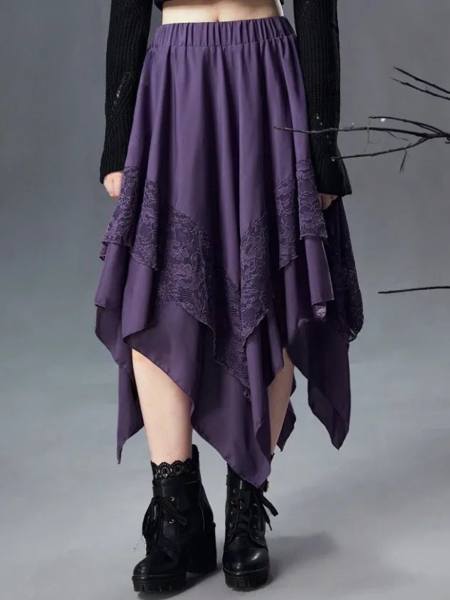 Lace Floral Gothic Midi Dress with Irregular Skirt