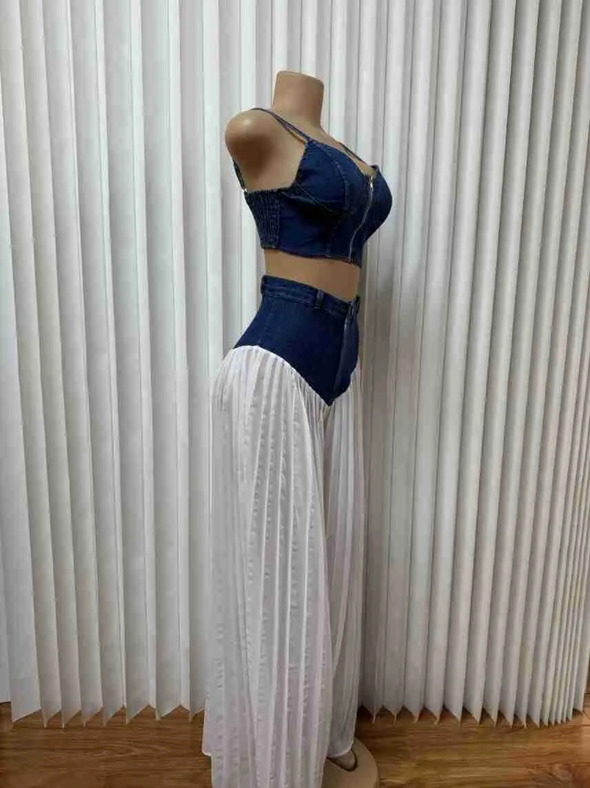 Women's Sleeveless Pleated Contrast Collar Leisure Suit