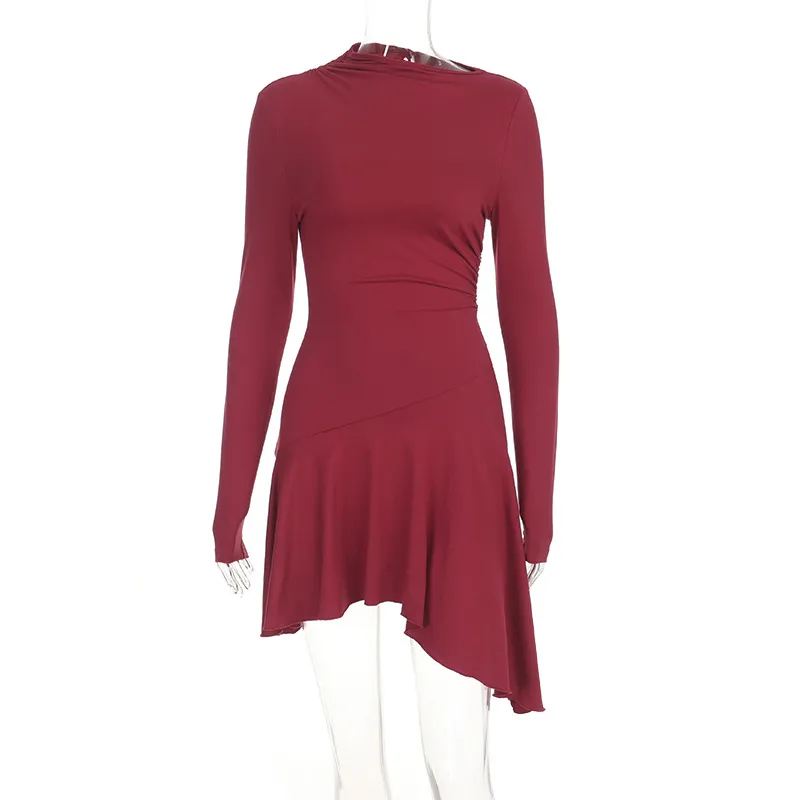 Solid Color Long Sleeve Turtleneck Sheath Dress in Polyester Fabric, Above Knee Length for Business