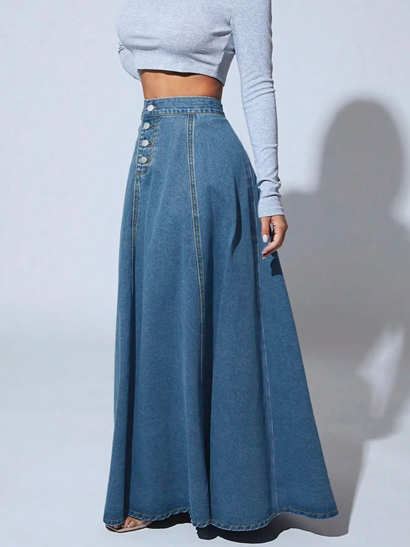 Vintage Style Solid Color Denim Cotton A-Line Skirt with Front Button in Regular Fit for Spring