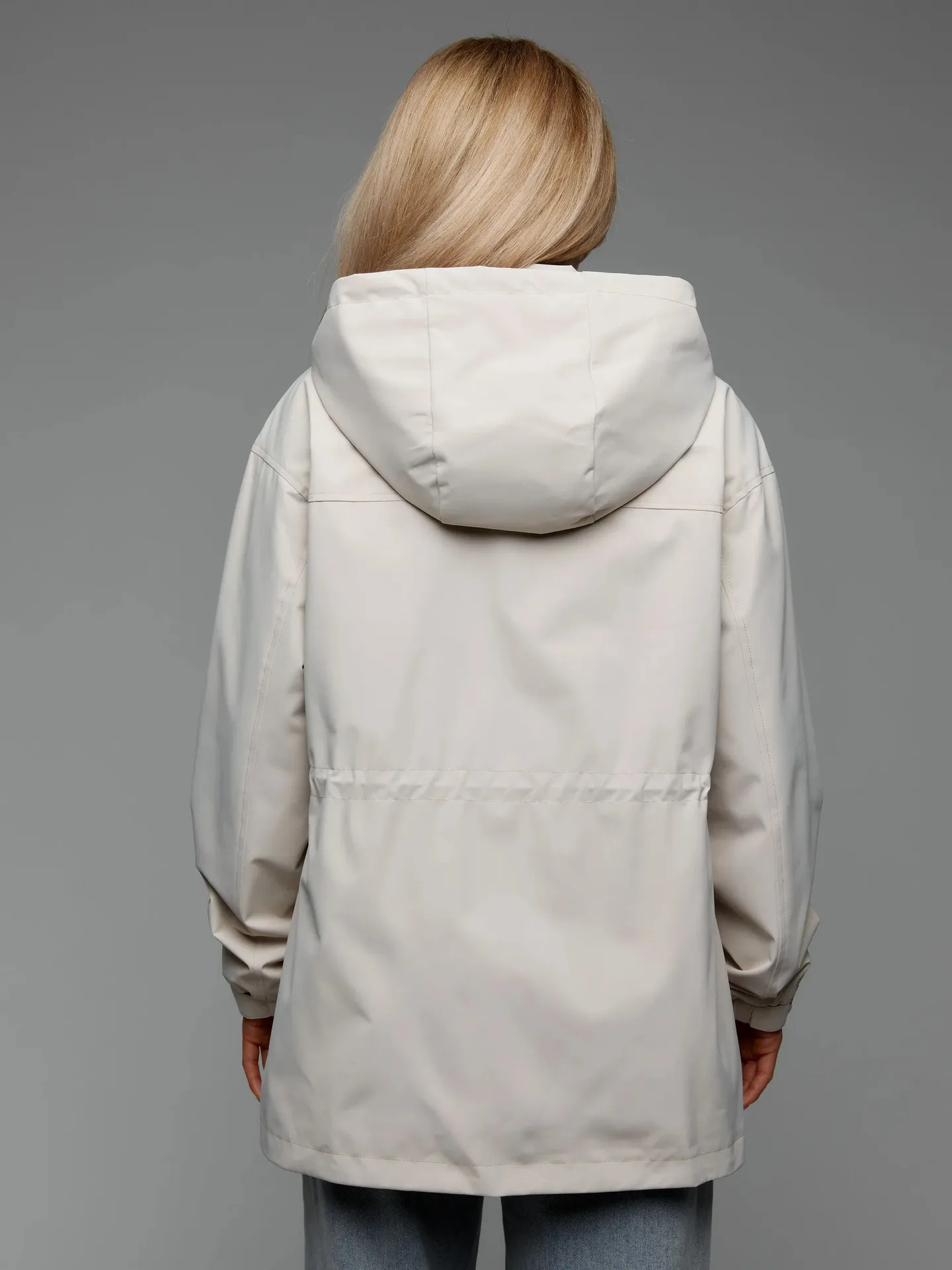Casual Solid Color Outdoor Jacket for Women with Zipper Placket, Standing Collar, Polyester Fabric, and Drawstring Detail