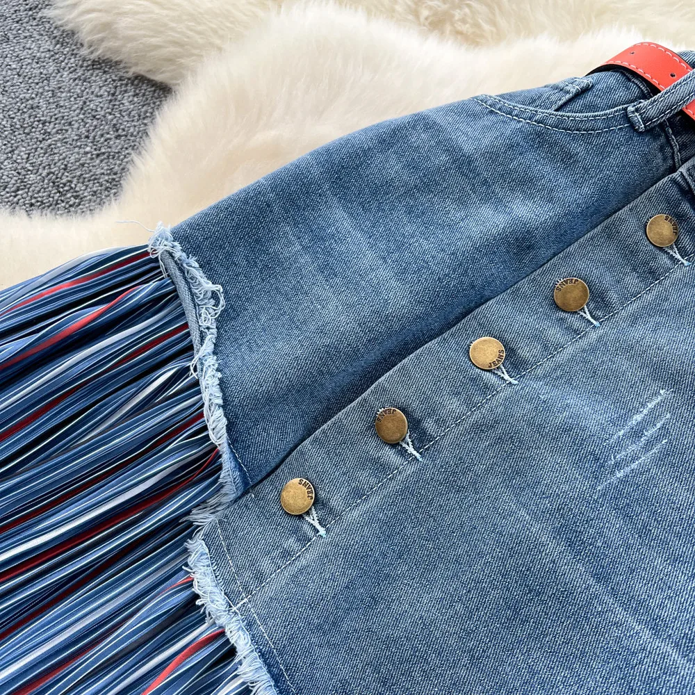 Vintage Style Stripe Cotton Blend Skirt with Folds in High Waist Denim Design for Winter
