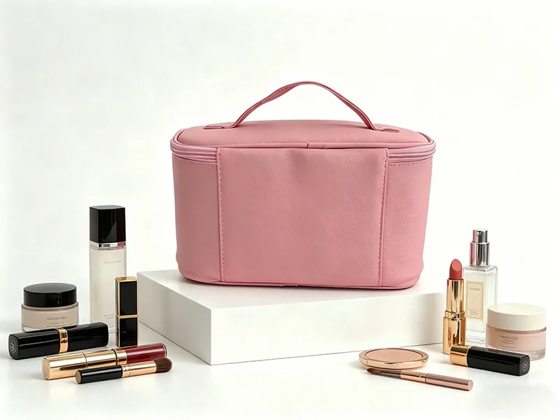 Unisex Solid Color PU Leather Cosmetic Bag with Top Handle, Water Resistant Design