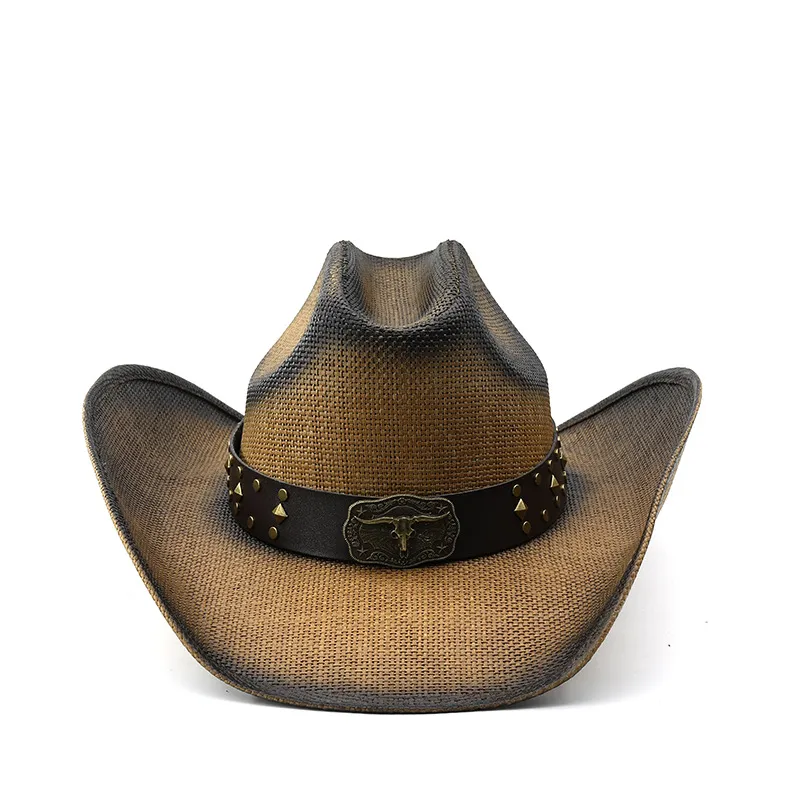 Unisex Cowboy Style Cattle Straw Hat with Flat Brim, Breathable Design in Polyester Material