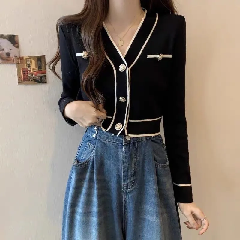 Contrast Collar Long Sleeve Pullover Sweater for Women