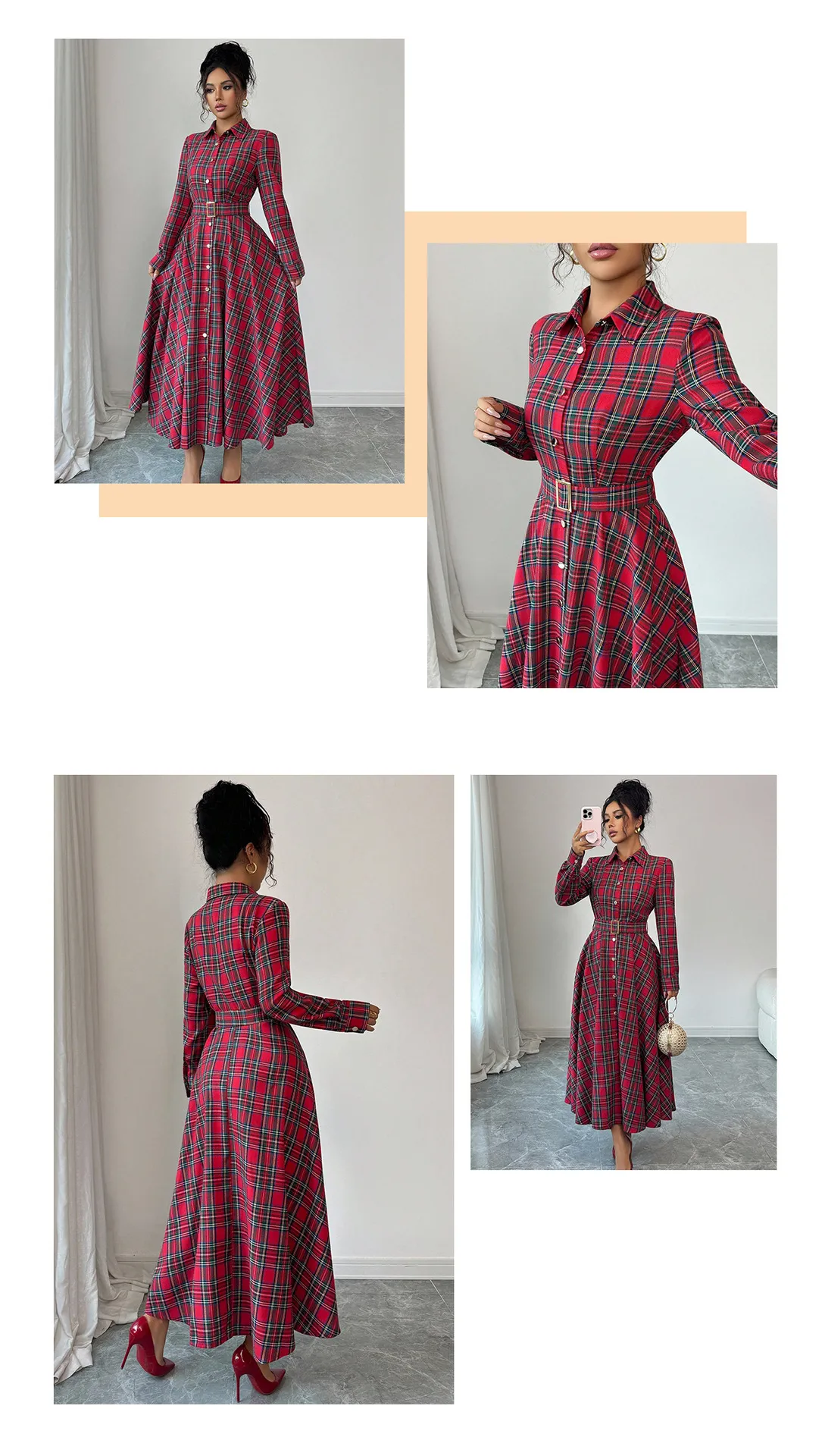 Vintage Style Plaid Long Sleeve V Neck Casual Regular Dress in Polyester Fabric