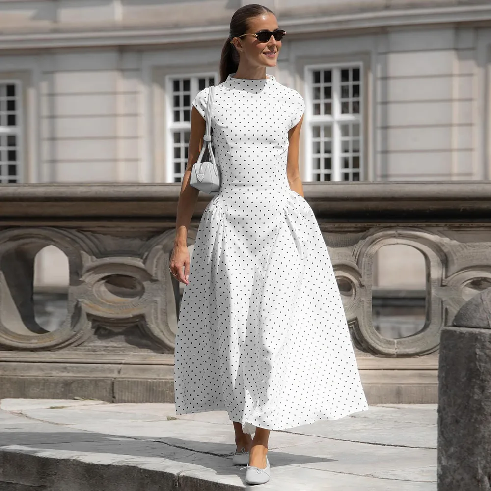 Classic Style Polka Dot Dress in Elastane Fabric Featuring Draped Design Maxi Long Dress