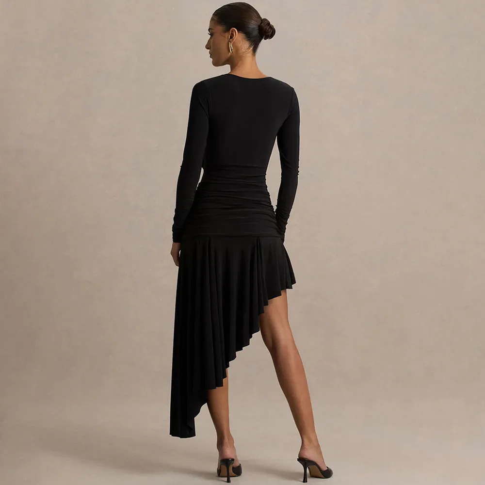 Solid Color Long Sleeve V Neck Party Dress in Polyester, Casual Streetwear Style