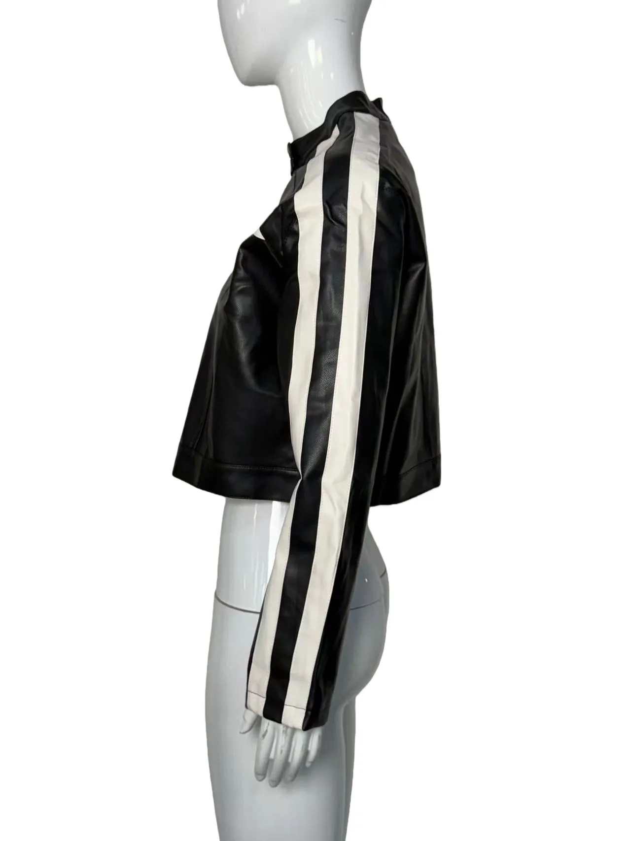 Vintage Style Color Block Leather Jacket for Women in PU Fabric with Zipper Closure
