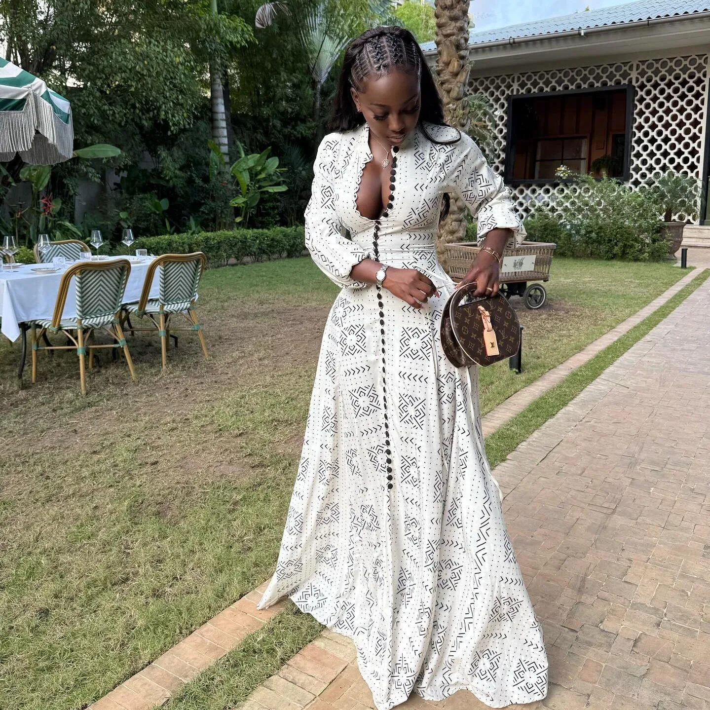 Elegant Geometric Maxi Long Dress with Long Sleeve and Standing Collar in Polyester Fabric