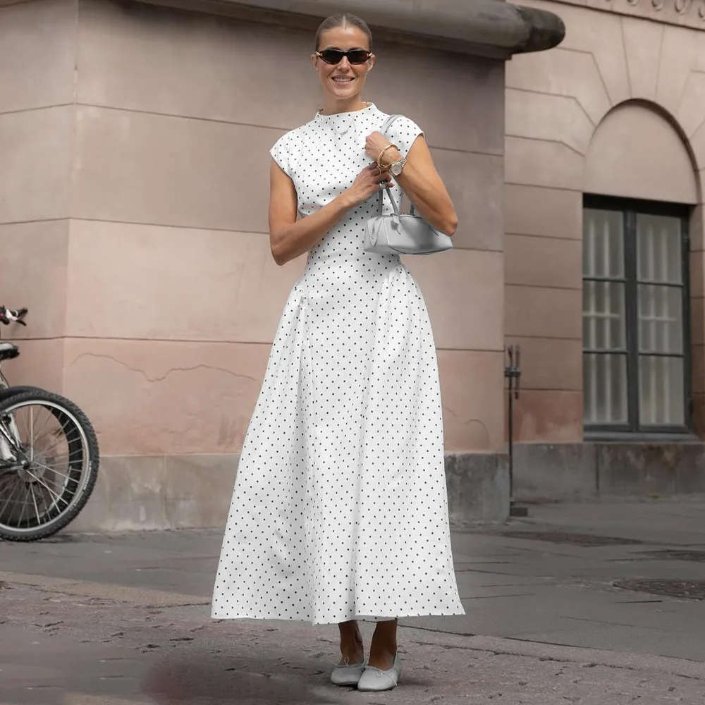 Classic Style Polka Dot Dress in Elastane Fabric Featuring Draped Design Maxi Long Dress