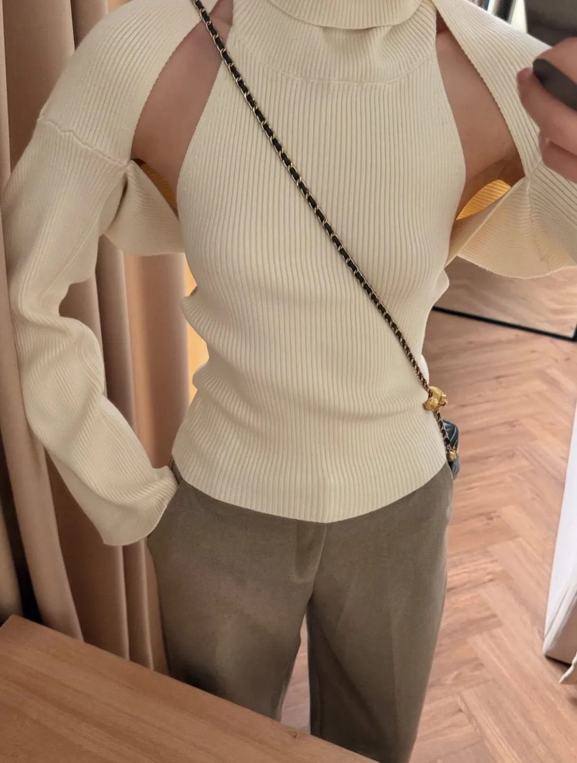 Long Sleeve Acrylic Sweater with Turtleneck, Knitted Craft, Regular Sleeve, 2 Pieces Set