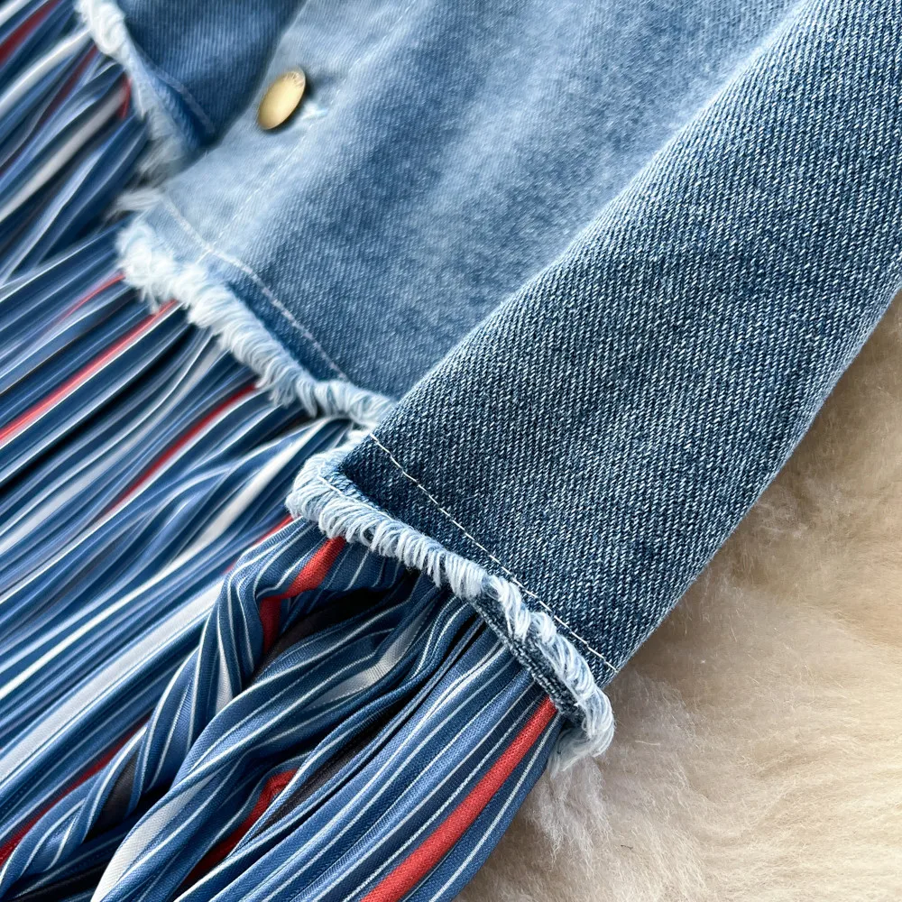 Vintage Style Stripe Cotton Blend Skirt with Folds in High Waist Denim Design for Winter