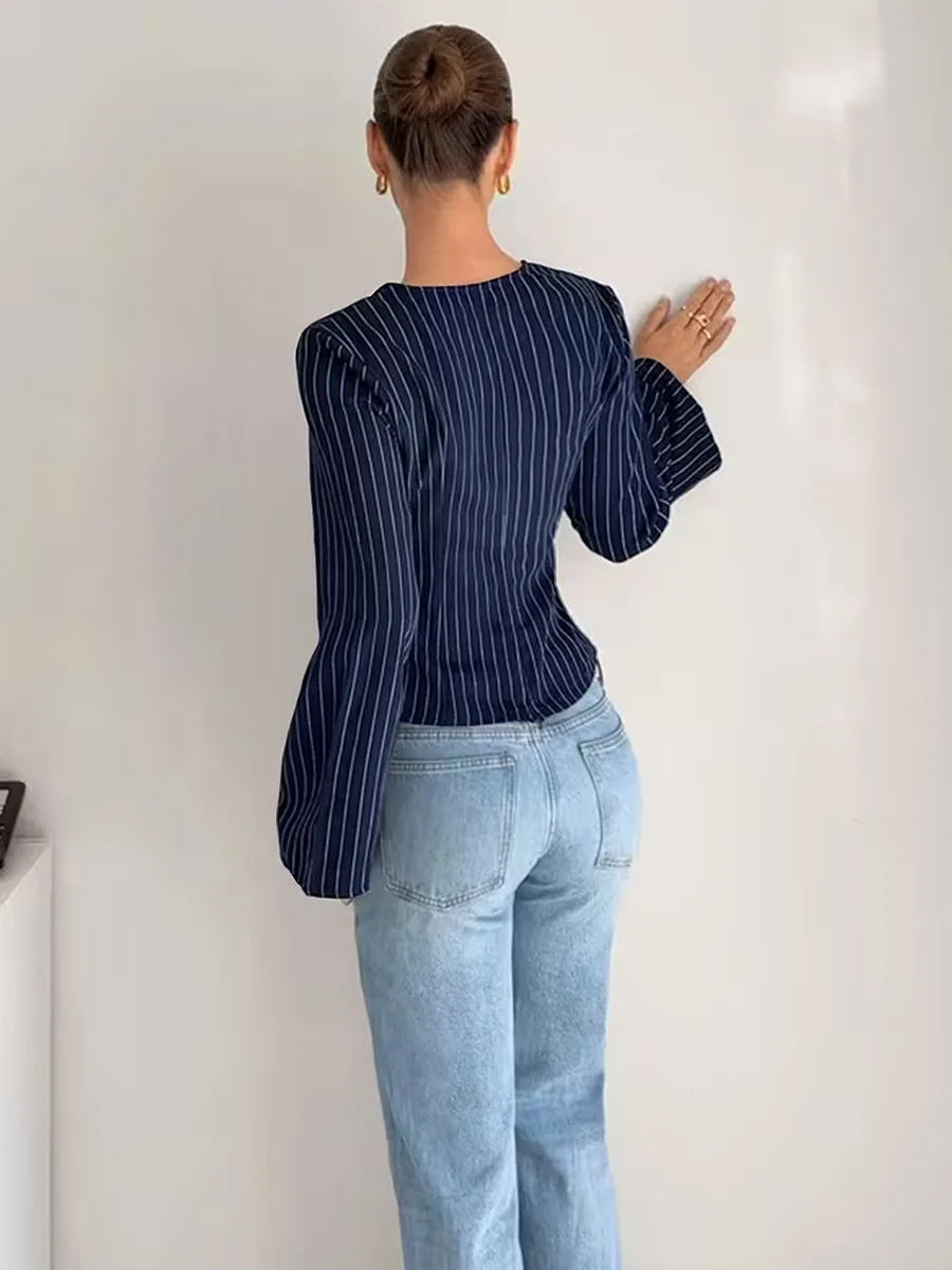 Elegant Stripe Long Sleeve Polyester Pullover Shirt for Women with V Neck