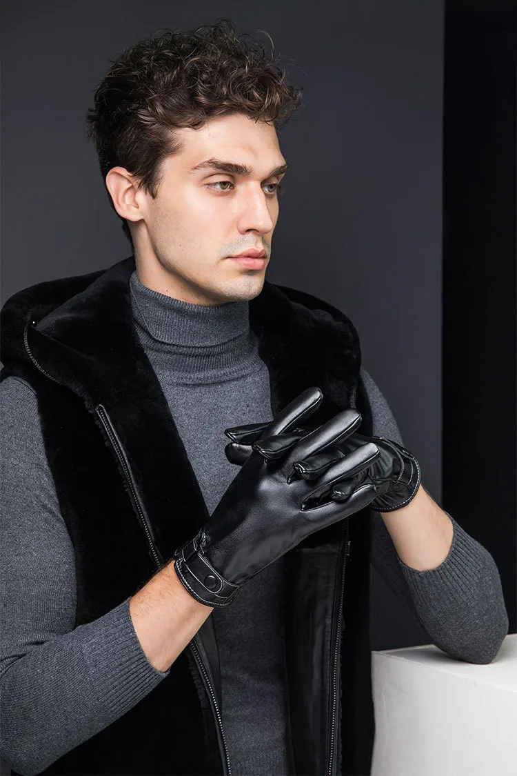 Winter Gloves Men's Touch Screen Leather Gloves Imitation Leather Water Washed Leather PU Fleece-Lined Warm Riding Gloves Driving Leather