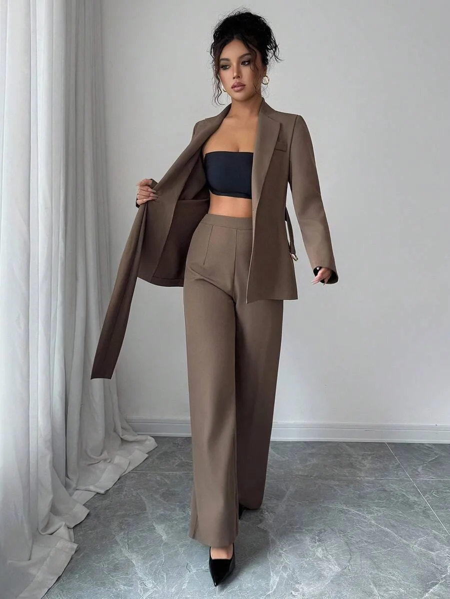 Elegant Wide Leg Pants Co-ord Set in Solid Color Polyester Featuring Patchwork, Casual 2 Pieces Set