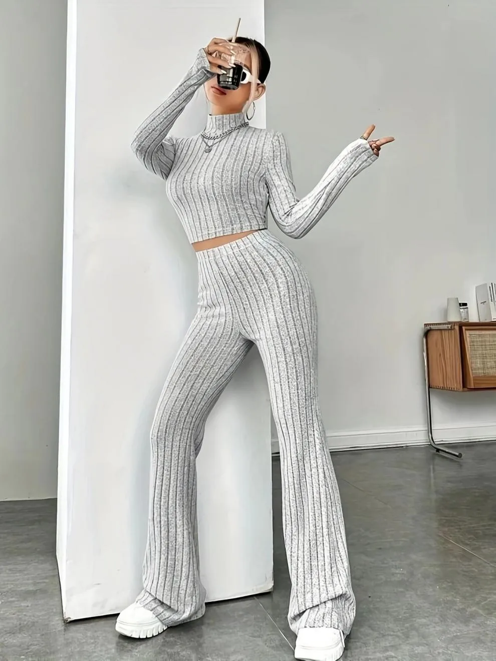 Women’s Stripe Pant Co-ord Set in Polyester with Turtleneck, Streetwear Style for Daily Wear, 2 Pieces Set