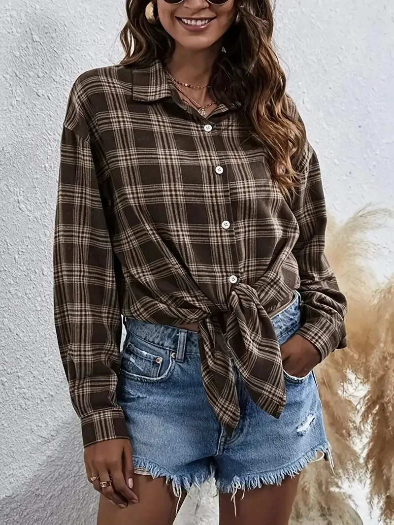 Plaid Casual Long Sleeve Polyester Shirt for Women with Single Breasted Front and Lapel Collar