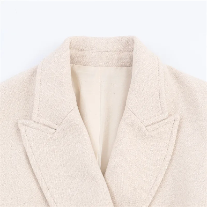 Elegant Woolen Coat for Women with Tie Placket, Polyester Fabric, Belt Detail, Lapel Collar, and Long Sleeves