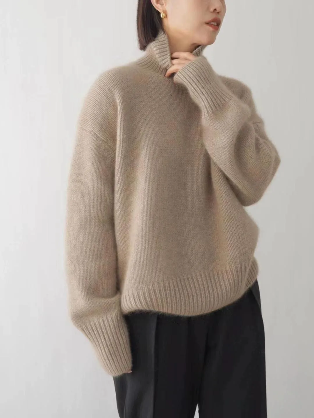 Loose Turtleneck Long Sleeve Solid Color Acrylic Sweater for Women