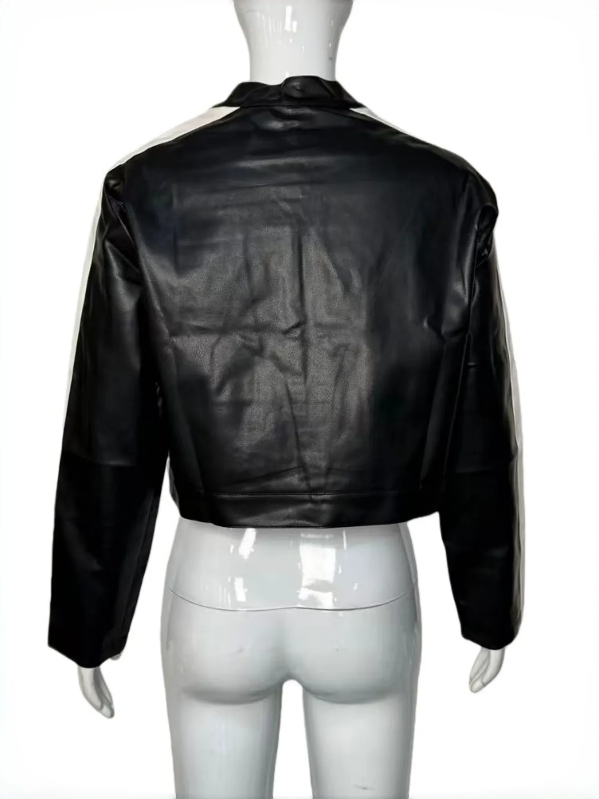 Vintage Style Color Block Leather Jacket for Women in PU Fabric with Zipper Closure