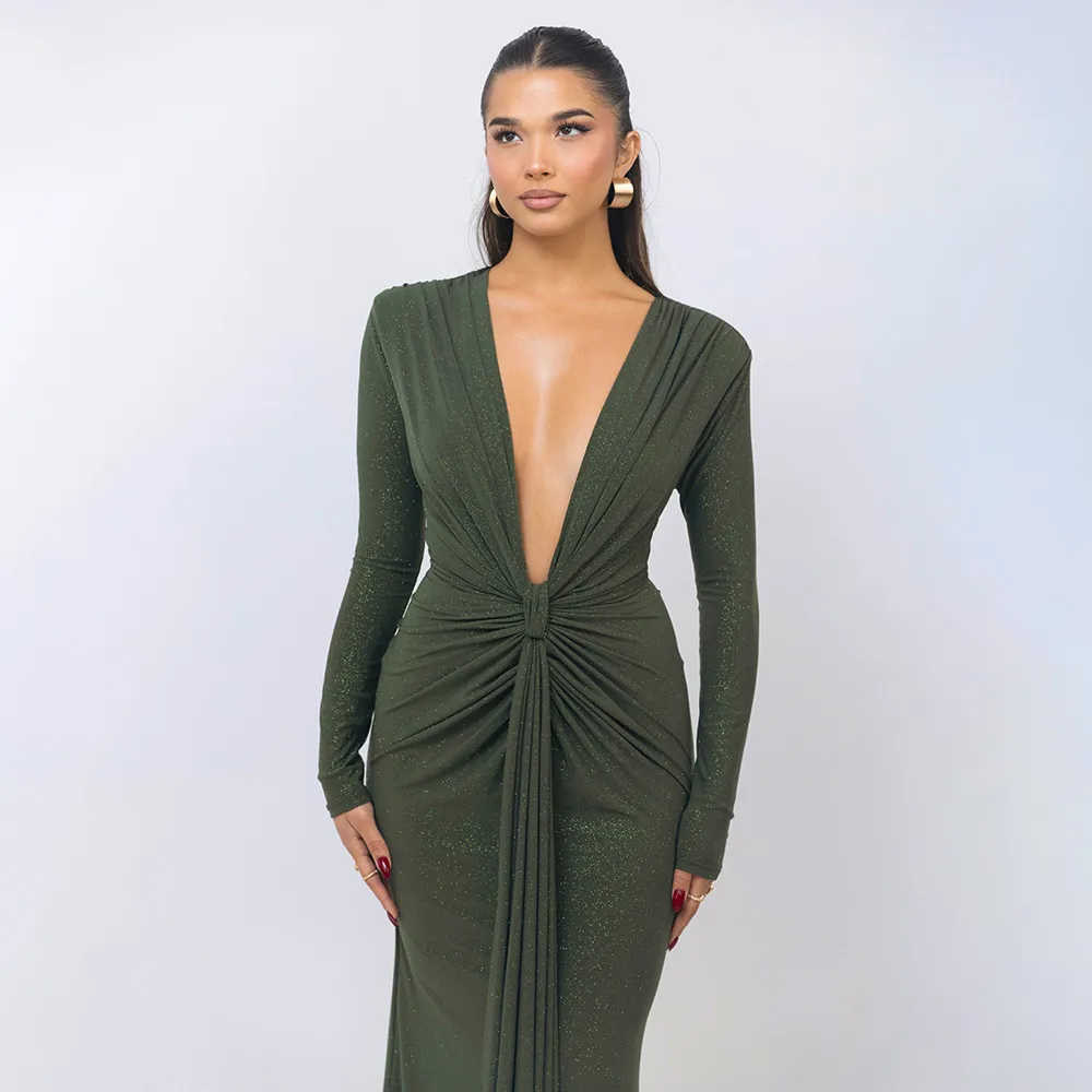 Solid Color Bodycon Dress with Deep V Neckline and Long Sleeves in Polyester Maxi Long Dress for Streetwear