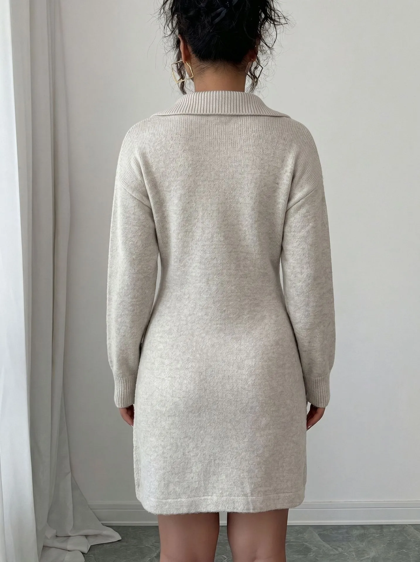 Casual Flowers Sheath Dress with Long Sleeve and Shirt Collar in Knit Fabric for Business
